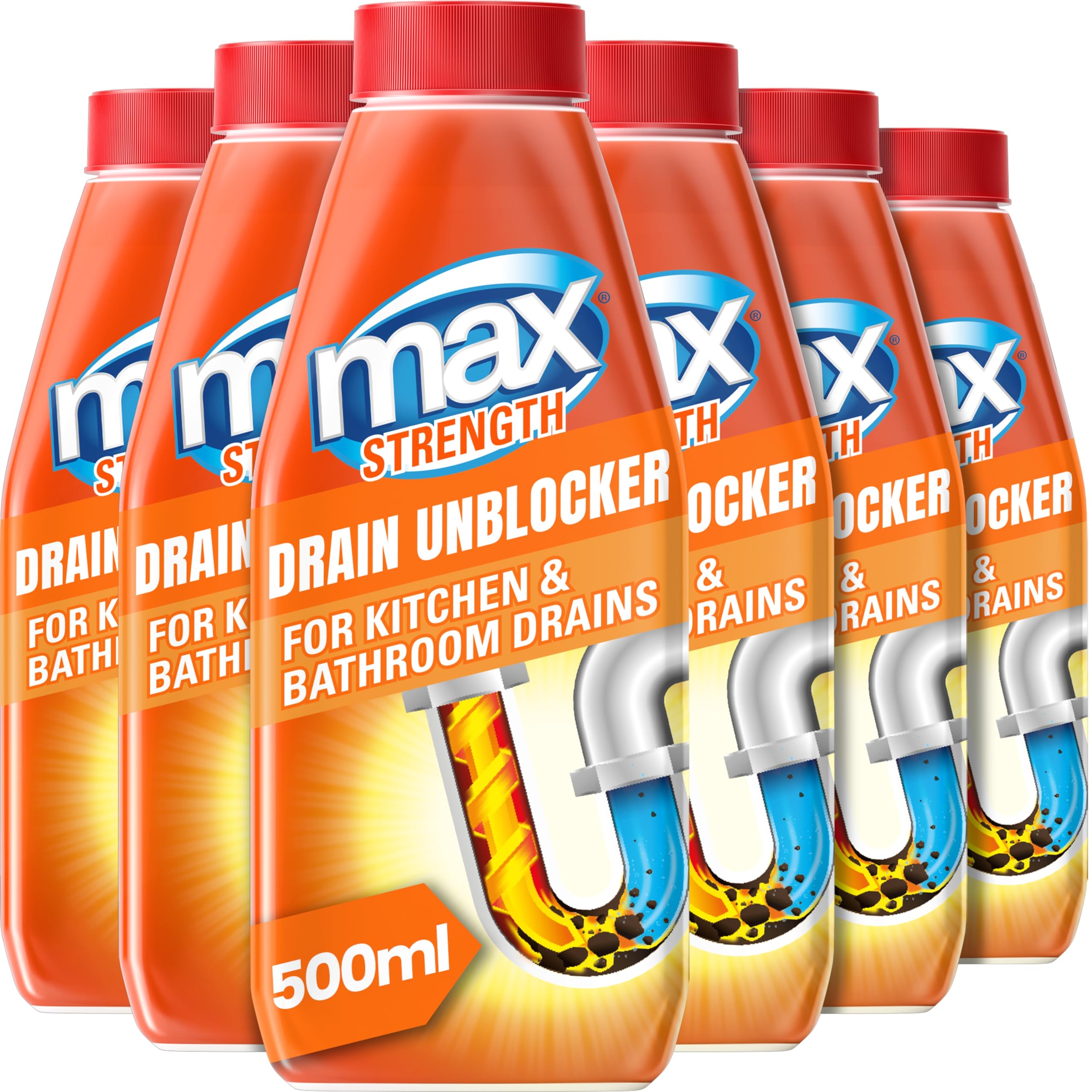 Max Strength Drain Unblocker 500ml, 6 Pack – Kitchen & Bathroom Sink Unblocker for Showers, Sinks, Basins, Baths – Heavy-Duty Plug & Drain Cleaner