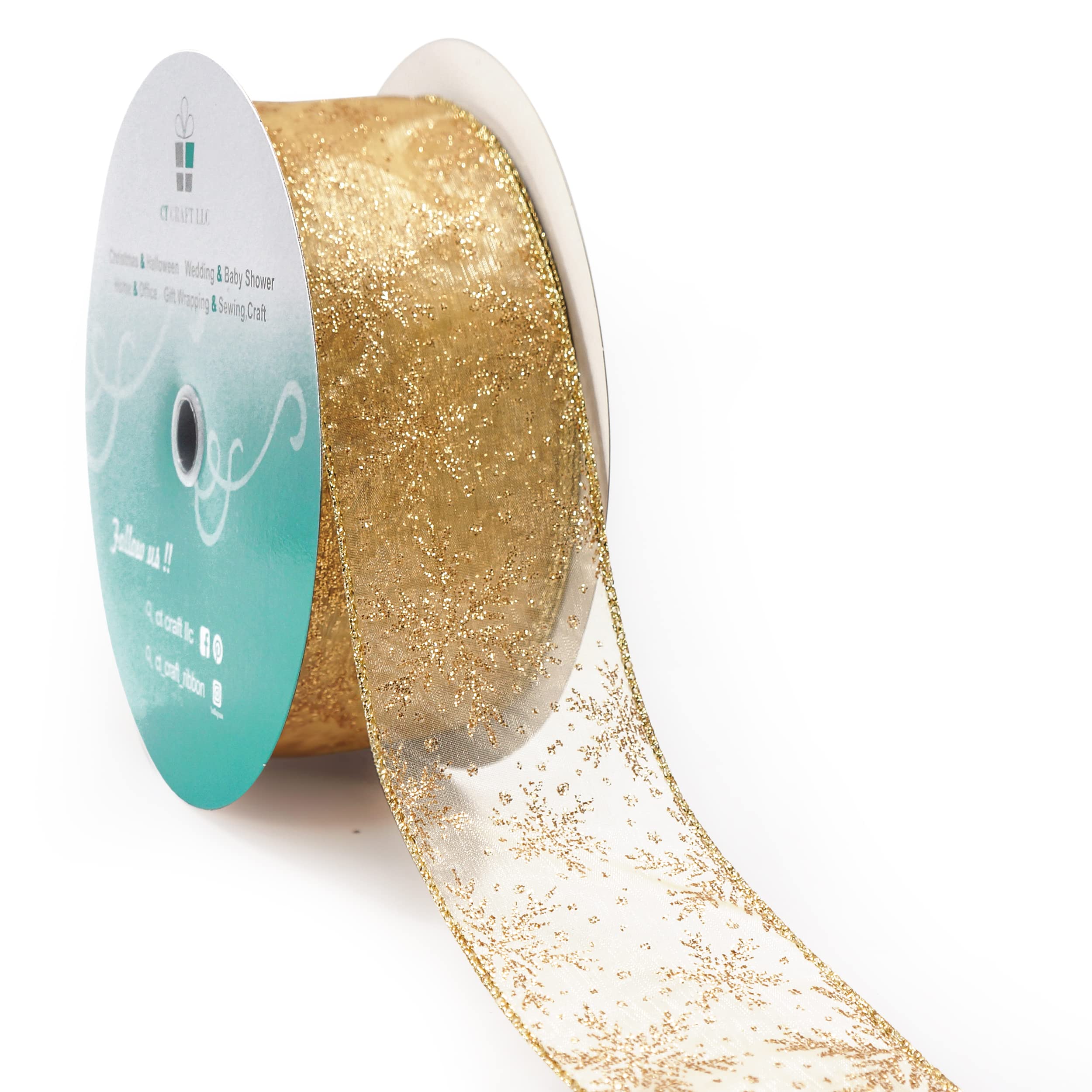 CT CRAFT LLC Gold Organza with Glitter Snowflakes Wired Ribbon - 2.5" x 50 Yards, for Christmas Home Decor, Gift Wrapping, Bow Making, Wreath, DIY Crafts