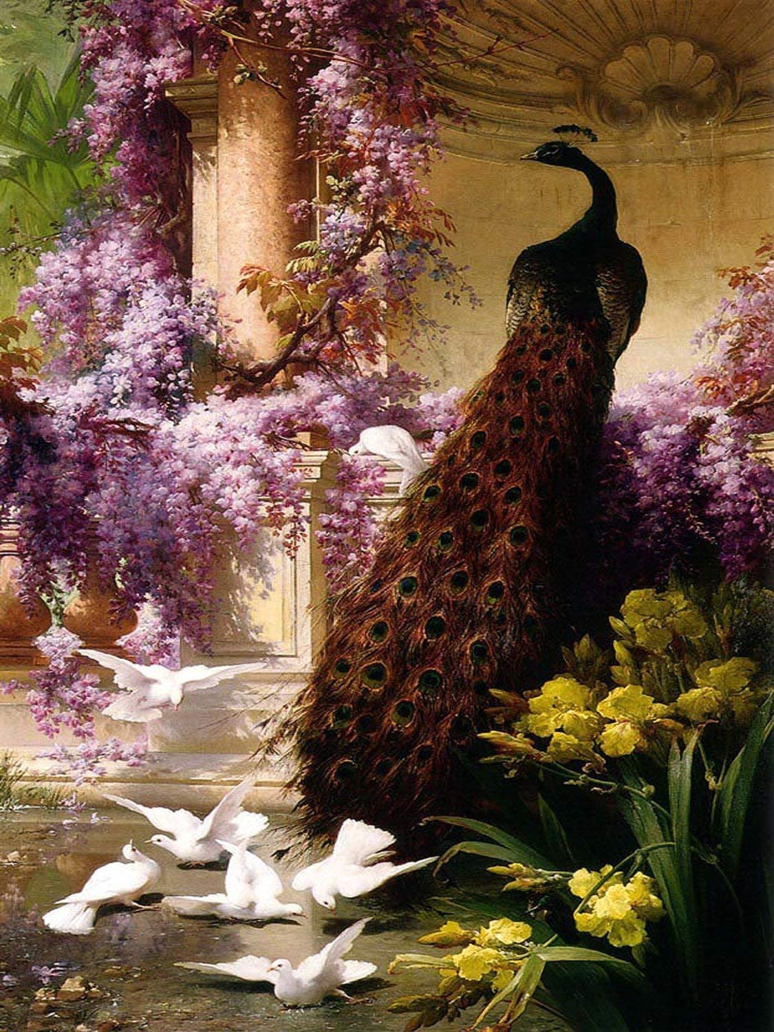 Peacock Doves in a Garden by E. Bidau Tile Mural Kitchen Wall Backsplash Ceramic
