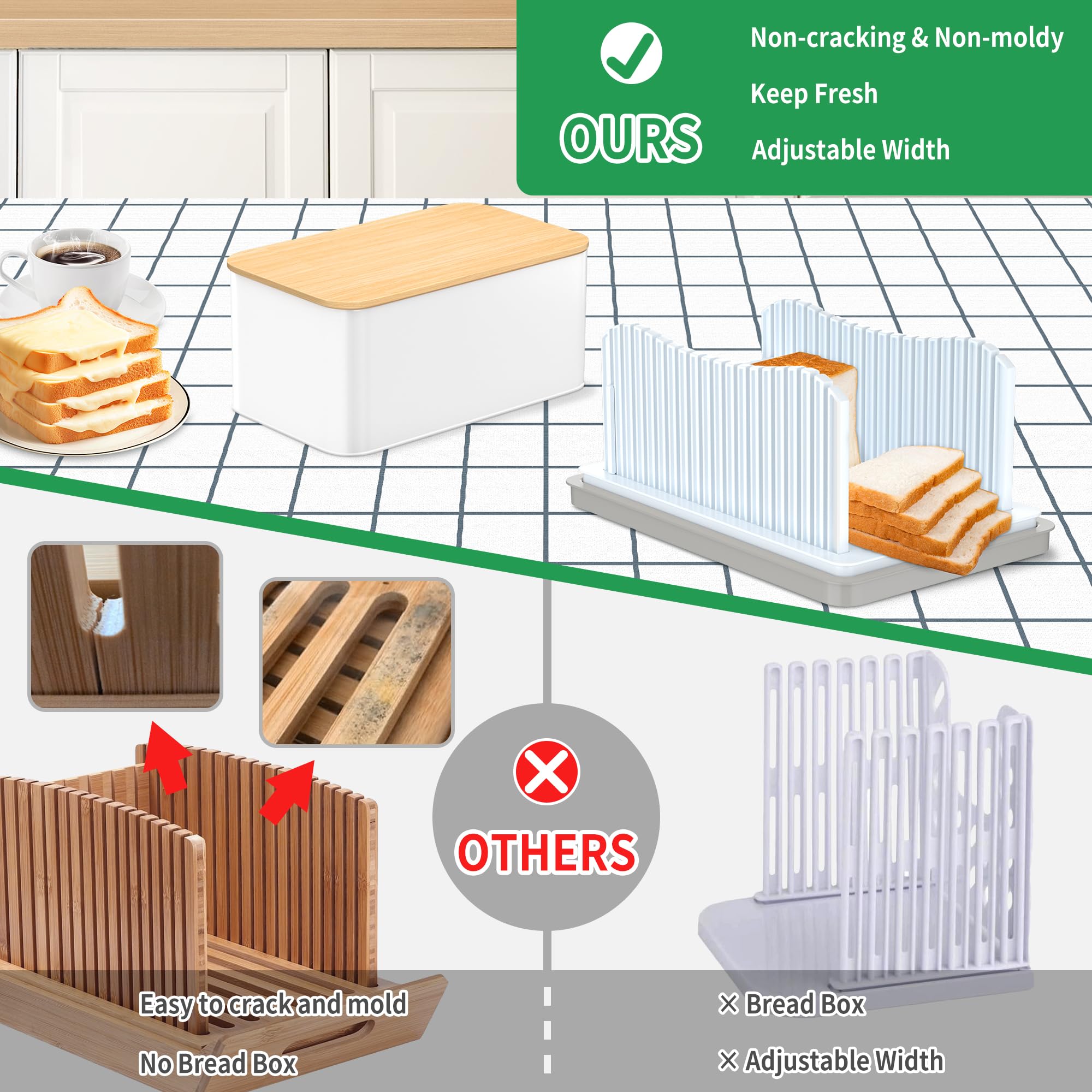 CAWIU Bread Slicer for Homemade with Box, Foldable Bread Cutter with Crumb Tray, Adjustable Width Bread Slicing Guide for Loafs, Sandwiches, Bagels, and Cakes