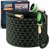 PowerFlow Garden Hose, NON-EXPANDABLE 25 Feet Premium Quality Stainless Steel Metal Water Hose with Durable Fabric Skin, Hose For Commercial, Residential Use, Bonus 10-way Spray Nozzle (25 Ft, Black)