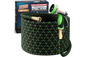 PowerFlow Garden Hose, NON-EXPANDABLE 25 Feet Premium Quality Stainless Steel Metal Water Hose with Durable Fabric Skin, Hose For Commercial, Residential Use, Bonus 10-way Spray Nozzle (25 Ft, Black)