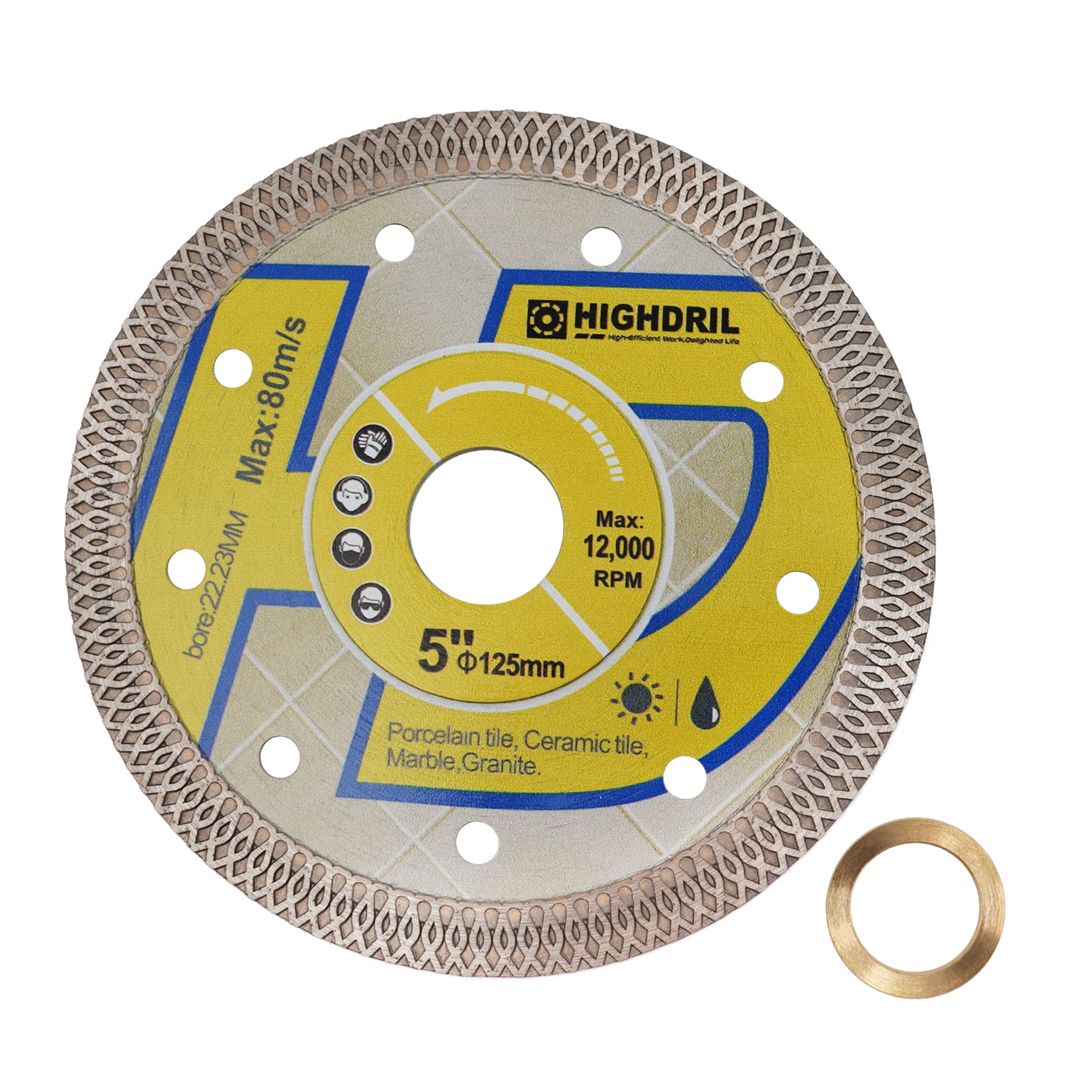 HIGHDRIL Diamond Saw Blade - 125MM/5 Inch Diamond Tile Blade Disc Cutting Porcelain Tile Ceramic Granite Marble Dry or Wet Use Circular Saw Blade with Turbo X Mesh