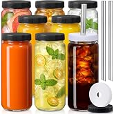 8 PACK 16OZ Glass Juice Bottles with 8 Sealed Lids &amp; 2 Straw Lids &amp; Straws | Food Grade Thick Glass, Freezable, Airtight Juicer Container, Travel Juicing Jars, Drinking Water Cups for Tea, Smoothies