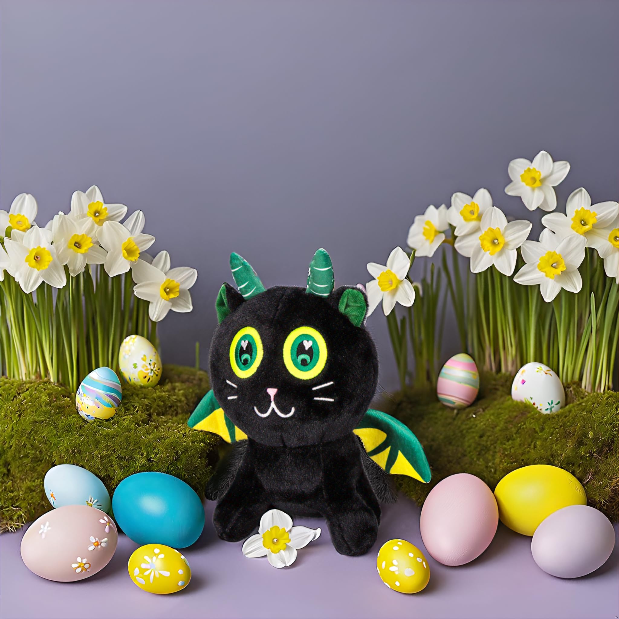 Emoin Black Cat Plush Toy Cute Cat Easter Stuffed Animal with Dinosaur Wings 8.7'' Soft Stuffed Kitten Plushie Doll Cat Plush Easter Gift for Baby Boy Girls