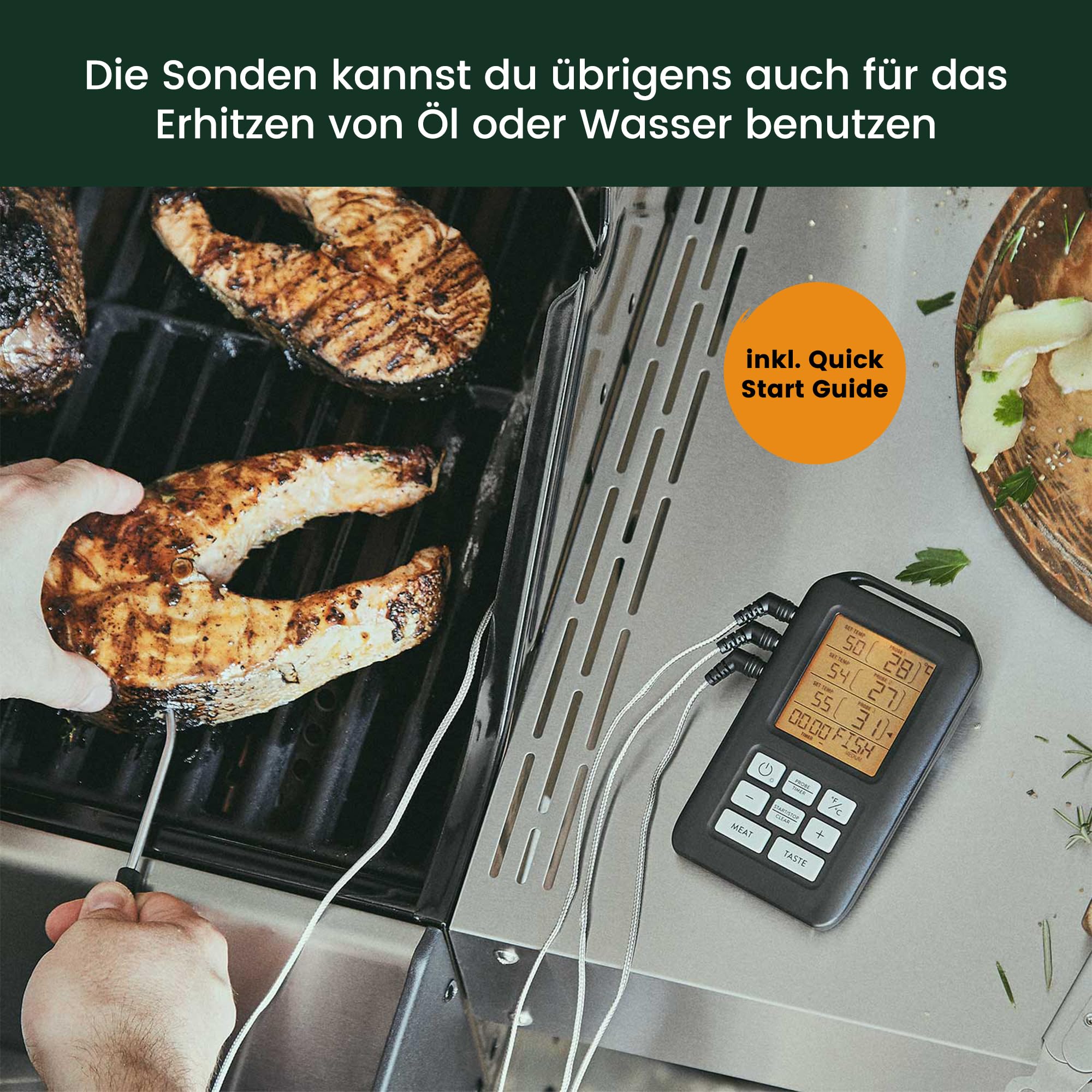 BURNHARD® Funk Grillthermometer mit 4 Temperaturfühlern, 30m Reichweite, Digital Braten-Thermometer für Grill & Backofen, Timer, BBQ Thermometer, Grillzubehör für Fleisch & Fisch 6