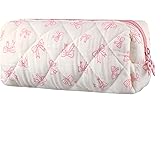 flowriple Coquette Bow Makeup Bag Travel Toiletry Bag for Women,Small Cosmetic Bags Cute Quilted Cotton Makeup Bag, Floral Cosmetic Bag Toiletry Organizer Bag