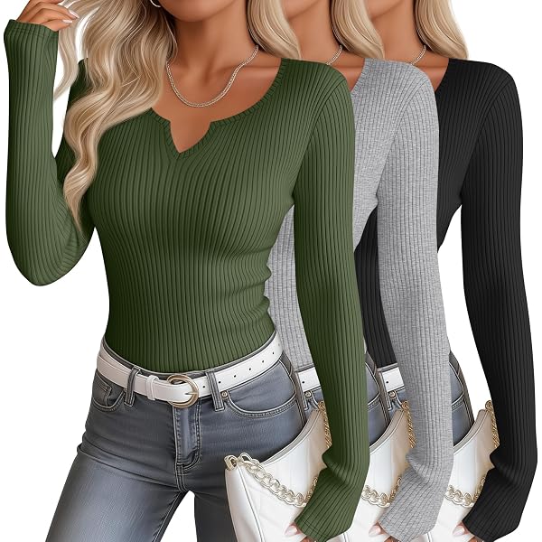 Oakgarden 4 Pack Women Long Sleeve Shirts, 95% Cotton V Neck