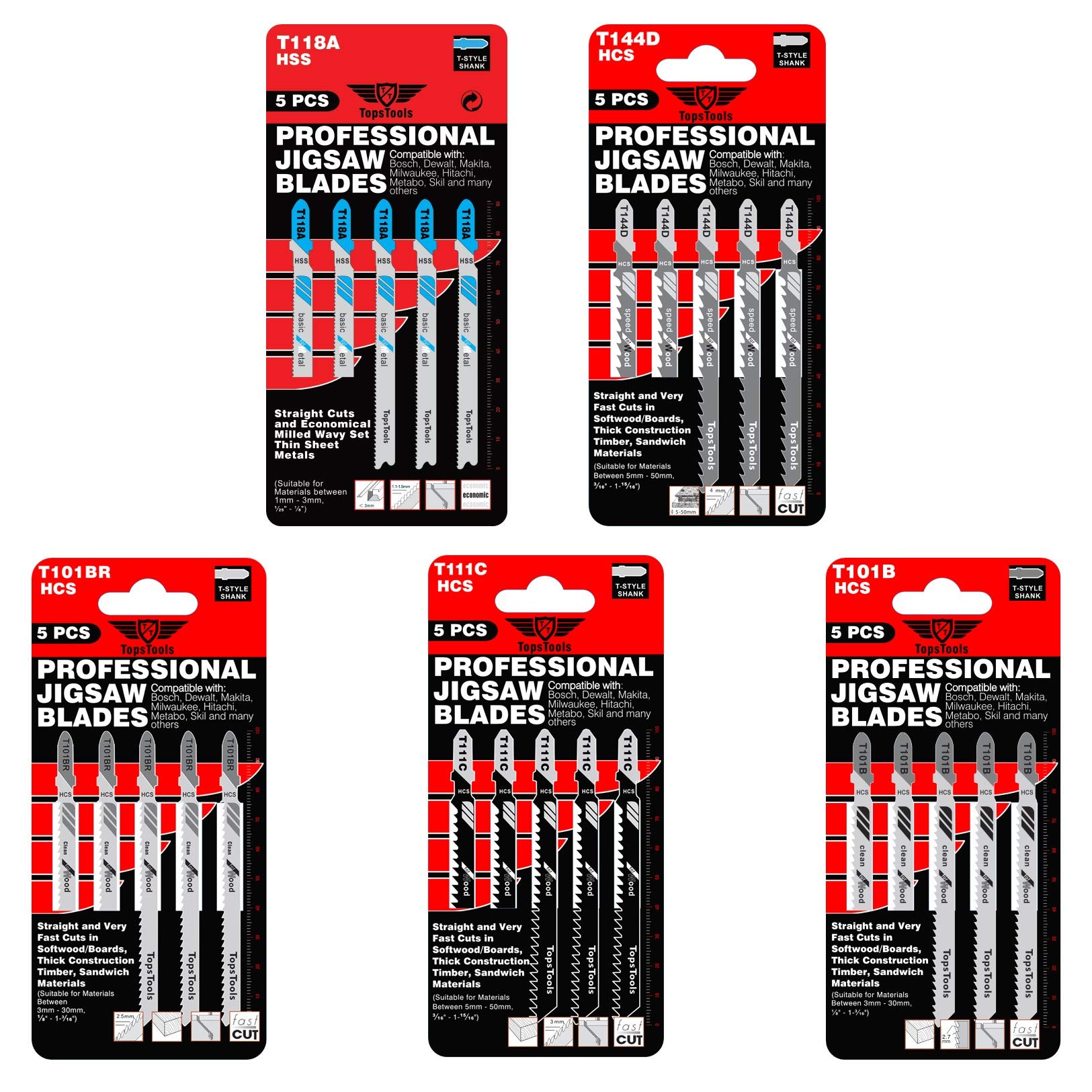 25 x TopsTools JSTTK5B T101B T101BR T111C T118A T144D Mixed Jigsaw Blades