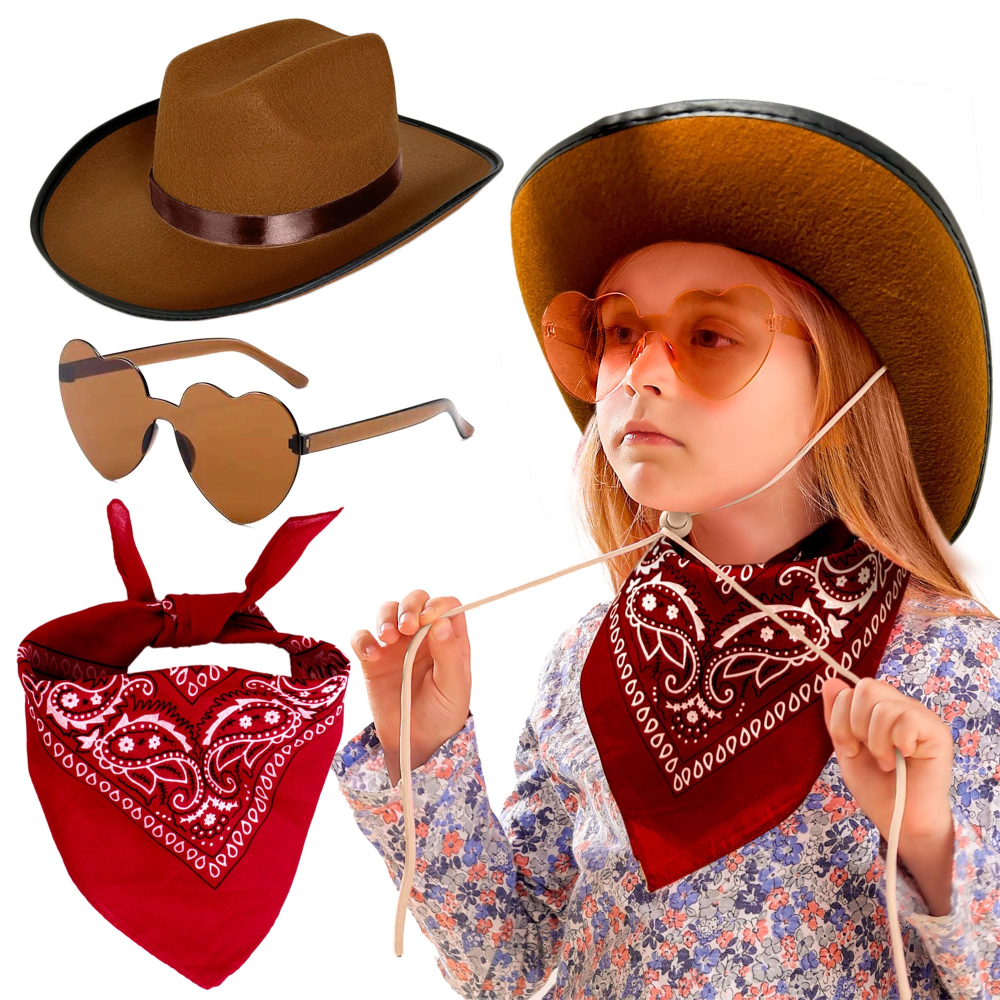 JeVenis Brown Cowgirl Hat Girls Cowboy Hat Kids Western Cowgirl Hat Bandana heart shape Sunglasses for Birthday Party