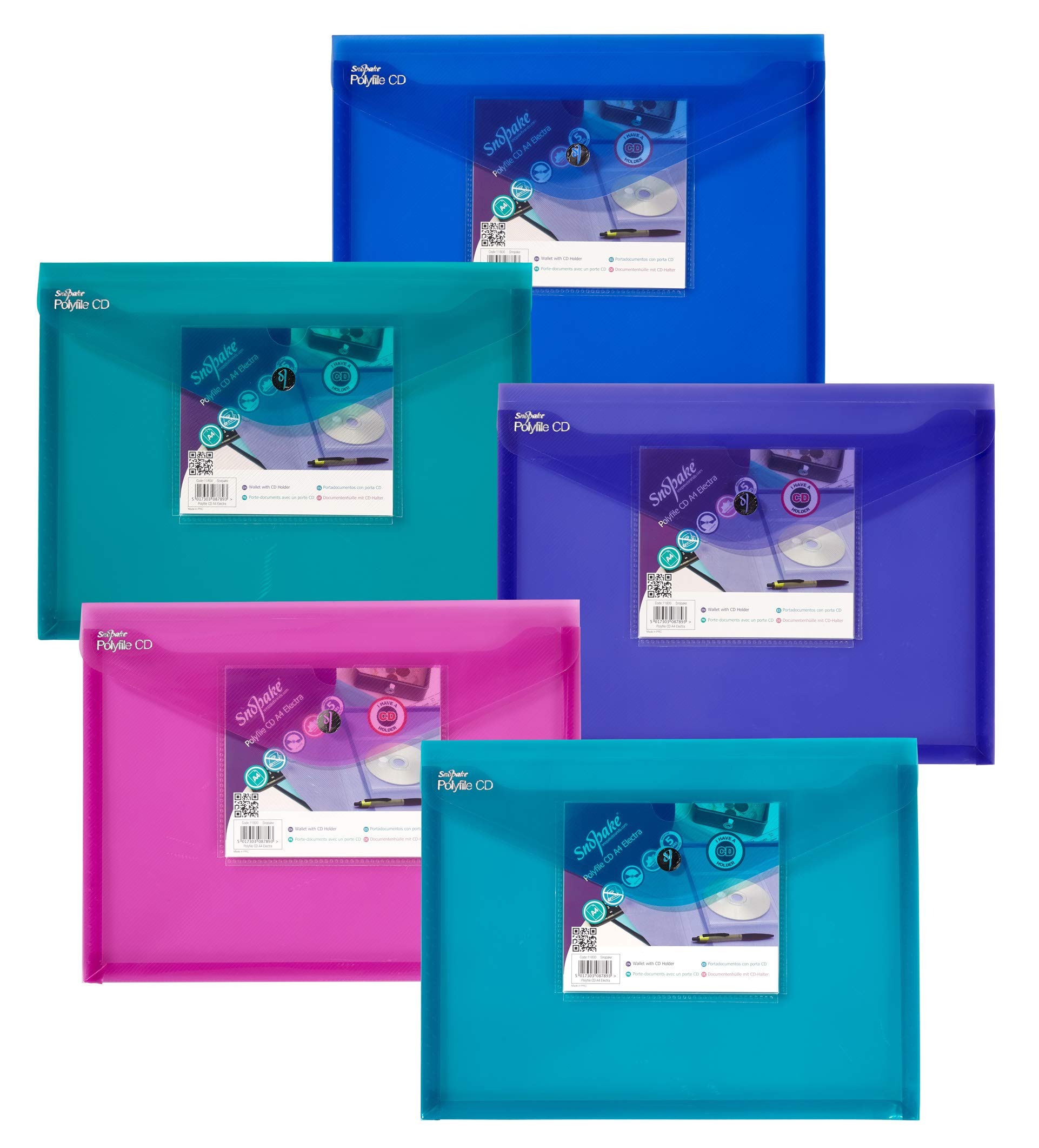 Snopake A4 Polyfile CD Popper Wallet with CD Holder and Press Stud Closure – Electra Assorted [Pack of 5] Ref: 11800