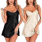 Lovasy Women's 2 Pack Silk Nightgown Sexy Lingerie Satin Sleepwear Negligee V Neck Chemise Nightwear Mini Slip Dress S-XXL