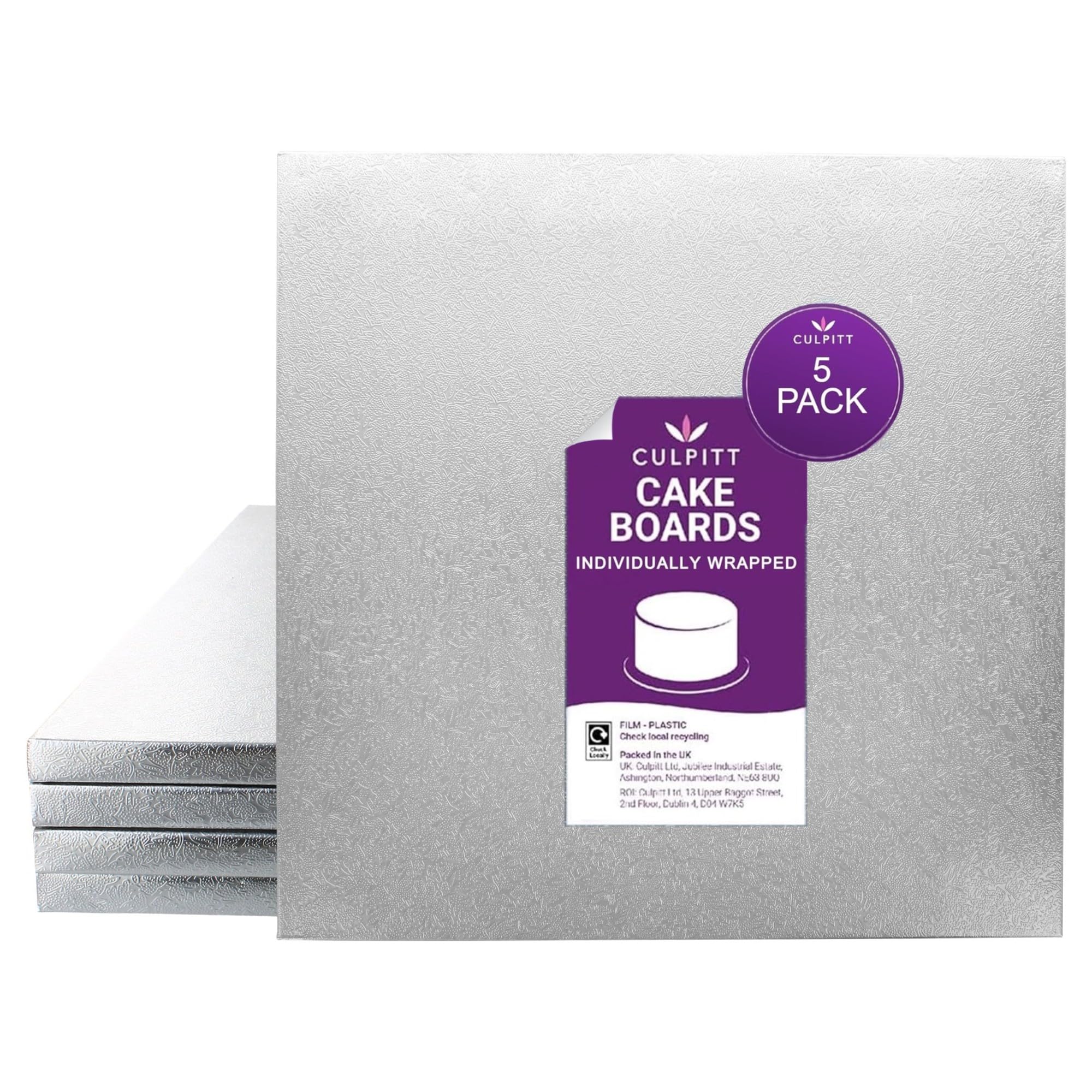Culpitt 14" Square Silver Cake Drum Board - Pack of 5 (Individually Wrapped)