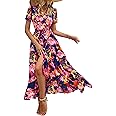 PRETTYGARDEN Women's Summer Wrap Maxi Dress Casual Boho Floral V Neck Short Sleeve Ruffle Hem Split Beach Long Dresses