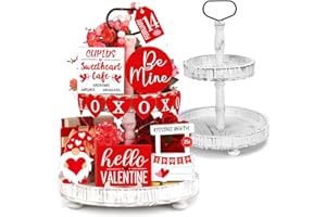 Shellwei 14 Set Valentine's Day Tiered Tray Decor with Tray Valentines Love Heart Wood Sign Gnome Rustic Farmhouse Wooden Tray Decor Tray Signs for Romantic Valentine's Day Table Holiday