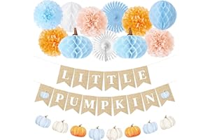 Kriyokiaa Little Pumpkin Baby Shower Decorations for Boy 14 Pcs Blue Fall Baby Shower Decorations with Little Pumpkin Banner, Tissue Pom-Poms, Paper Fan for It's a Boy Party