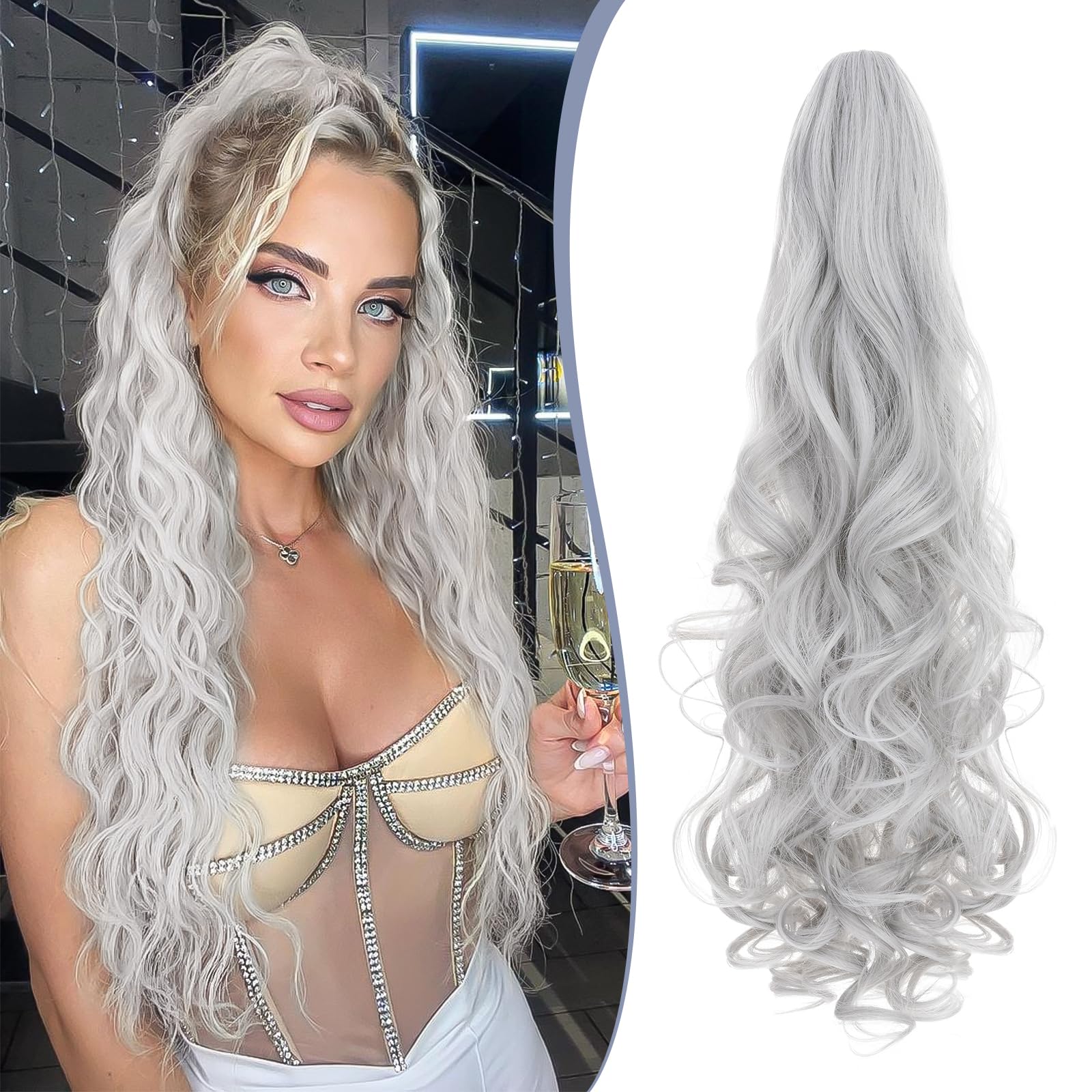 TESS 24'' Curly Ponytail Extensions, 210g Claw in Long Ponytail, Hair Pieces for Women, Silver Grey — image 1