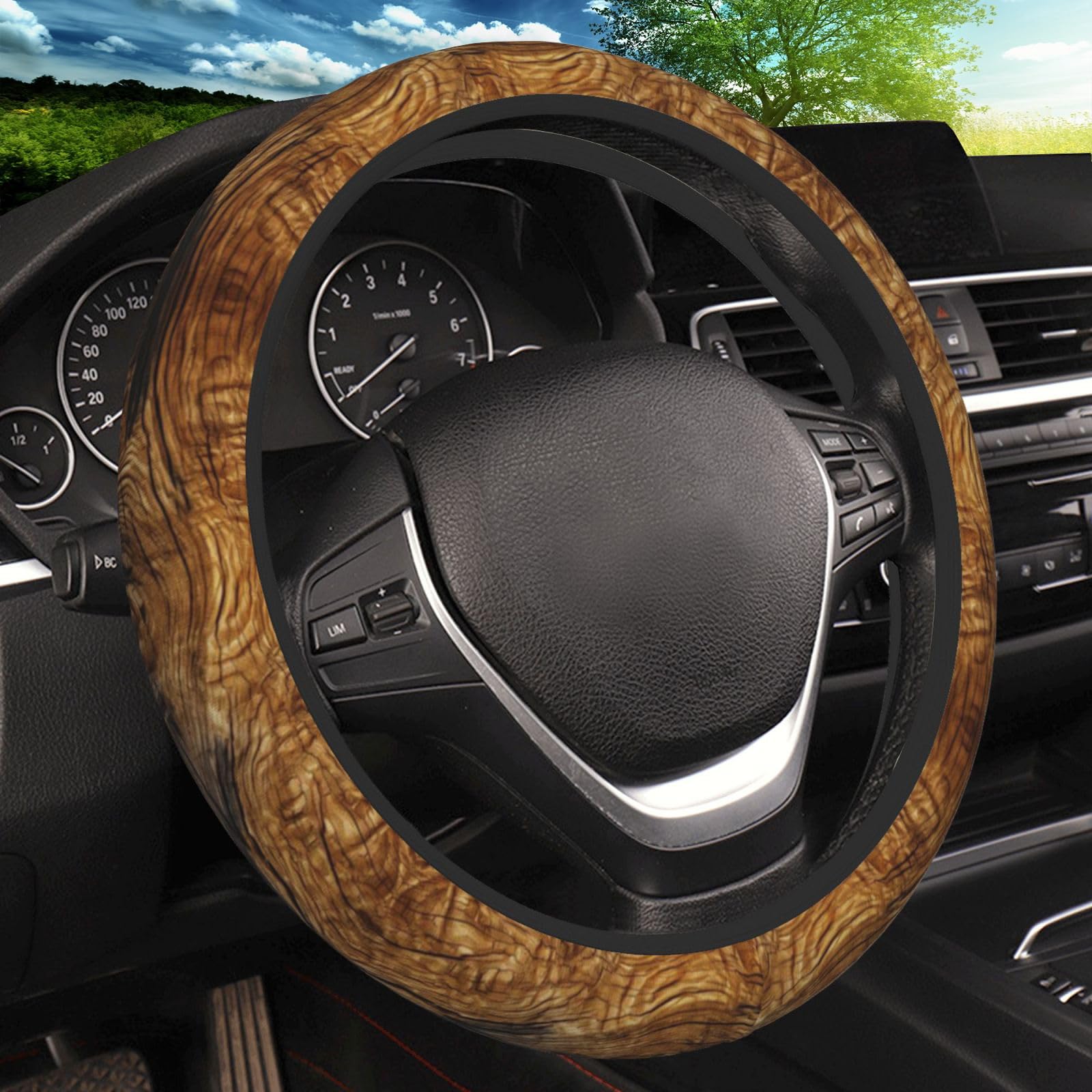 Wood Grain Print Steering Wheel Cover, Non-Slip