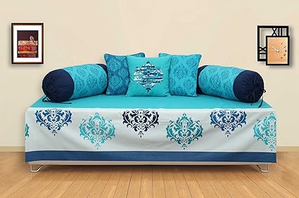 ELAN Cotton Ikat Theme based Divan Set. Divan Sheet with Two Bolster Covers and Three Cushion Covers. Divan Sheet Size: 140 x 230cm, Bolster Cover Size: 80 x 40cm, Cushion Cover Size: 40 x 40cm (Blue)