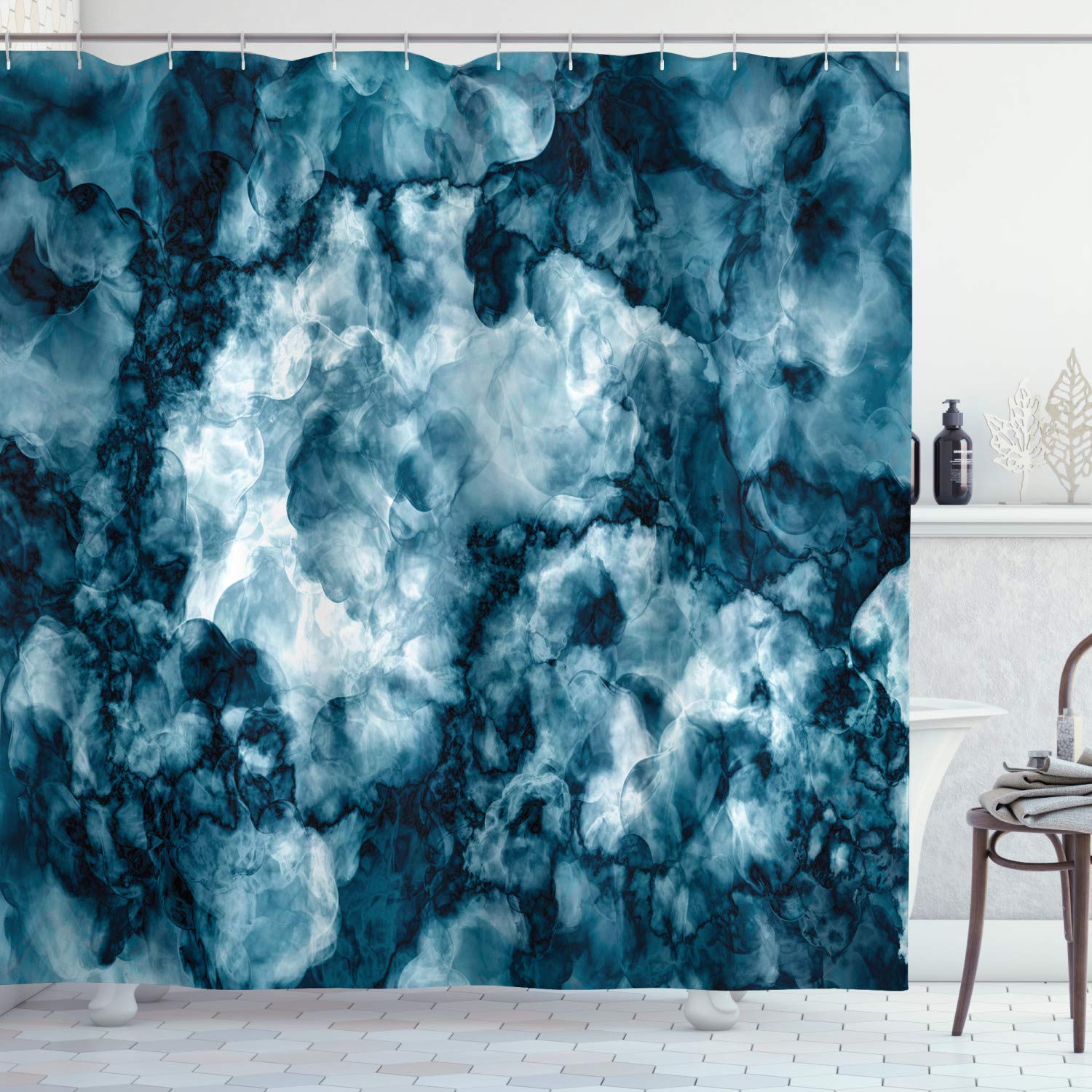 ABAKUHAUS Marble Shower Curtain, Antique Stone Blurry Distressed Motley Fractal Effects Illustration Artwork, Cloth Fabric Bathroom Decor Set with Hooks, 70 Inches, Blue