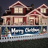 Merry Christmas Outdoor Banner Blue Fence Yard Banner Xmas Snowman Banner for Christmas Holiday Party Fence Yard Sign Decoration Photo Background Giant Happy New Years Supplies 98x18inch