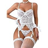 WDIRARA Women's Sexy Lingerie Set Floral Lace Garter Bustier Lingerie Set with 1Pair Fishnet Stocking