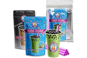 GREEN TEA LATTE (Matcha) Boba Tea Kit Includes: Matcha Green Tea Latte Drink Mix Powder, Real Black Tapioca Pearls & Straws By Buddha Bubbles Boba.