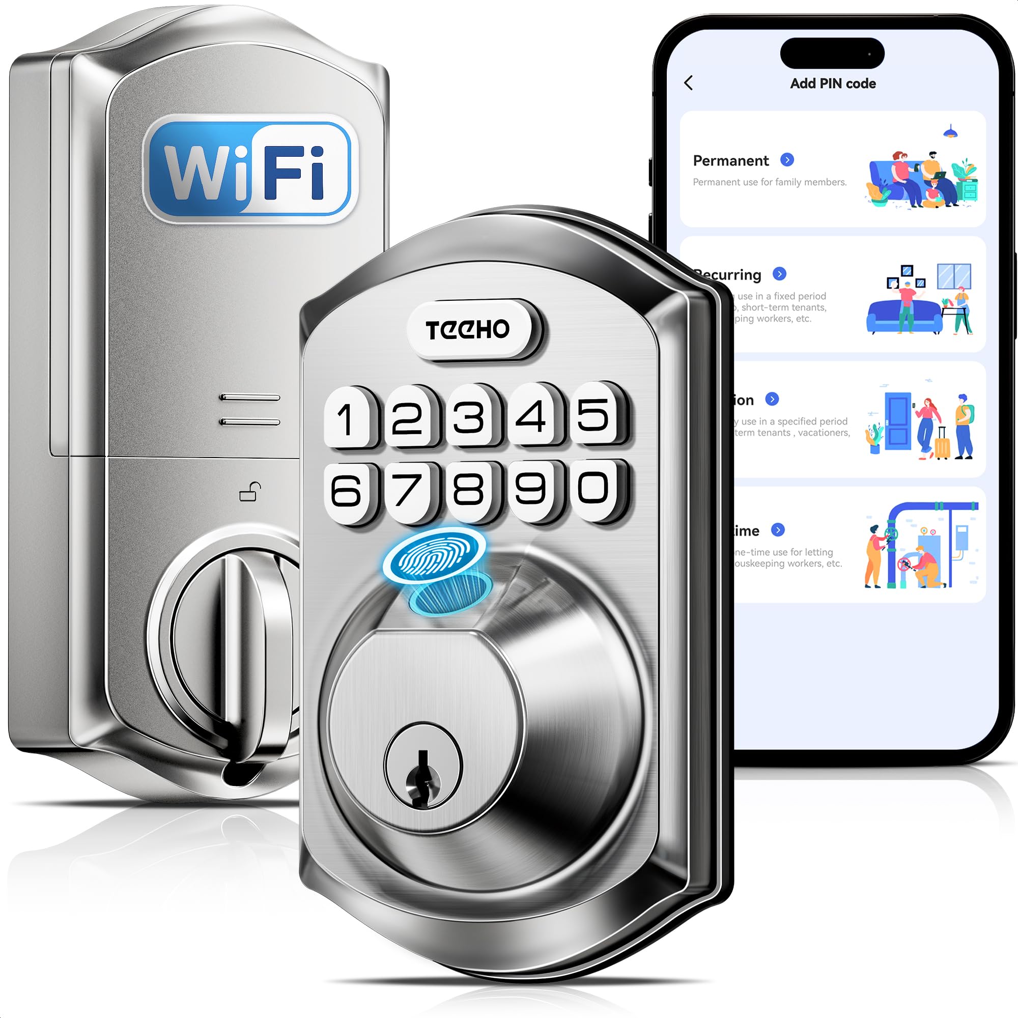 Photo 1 of TEEHO TE012W WiFi Smart Lock, Fingerprint Door Lock with Built-in Wi-Fi, Keyless Entry Keypad Smart Deadbolt, App Remote Control, Alexa Compatible, IP55 Waterproof for Front Door – Satin Nickel