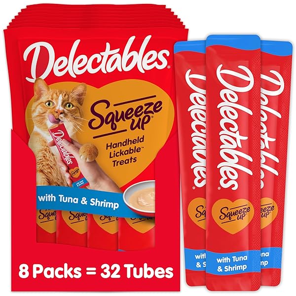 DELECTABLES SQUEEZE UP CREAMY SQUEEZABLE PUREE, LICKABLE WET CAT TREATS, GRAIN FREE, NO ADDED FILLERS, NO BY-PRODUCTS, NO ADDED PRESERVATIVES, 0.5 OUNCES TUNA & SHRIMP, 32 TUBES TOTAL