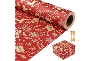 Christmas Wrapping Paper Rolls, 17 inches x 49 ft, Red Vintage Kraft Rolls with Christmas Trees, Reindeer, Snowflakes, Holida