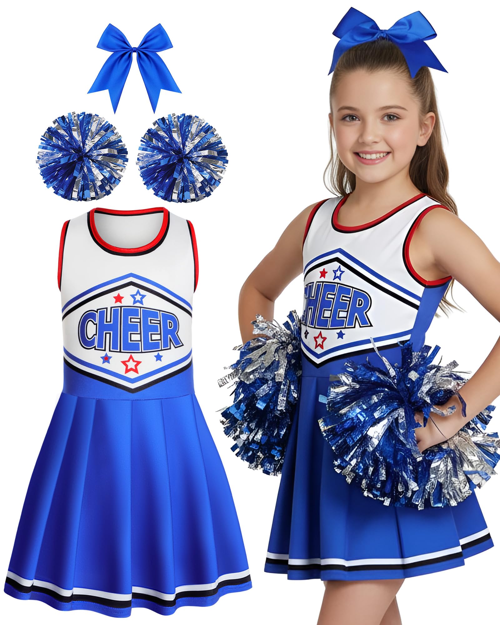 Photo 1 of JenPen Cheerleader Costume Cheerleading Outfit Dress Cheer Uniform with Bow Halloween Dress up Gifts(5-7 Years,Blue)