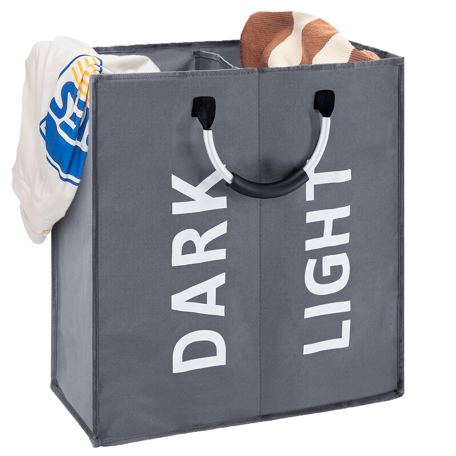 FB FunkyBuys Collapsible Laundry Baskets, 2 Compartment Washing Basket for Laundry, Easy to Carry Laundry Bag for Bedroom, Clothes Hamper for Kids Room, Bathroom, Nursery, and Utility Room (Grey)