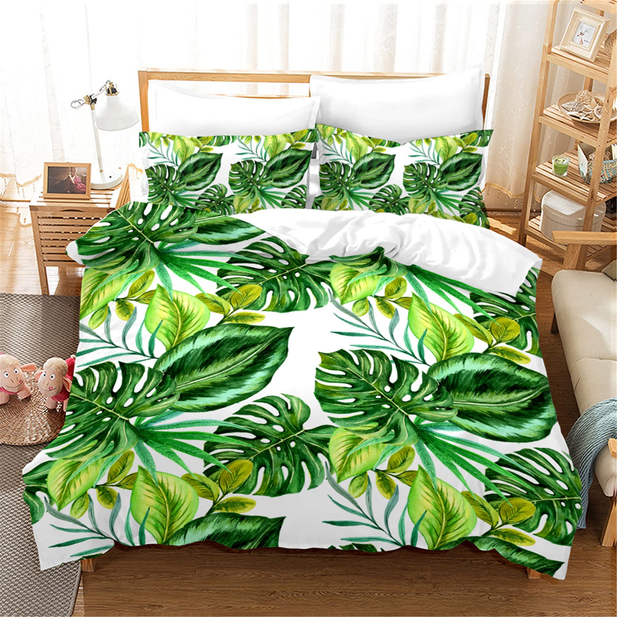 HOMHOMHA Palm Leaf Bedding Duvet Cover Set,Green Plants Palm Leaf Bedspread Rainforest Theme Bed Duvet Cover Double Size for Kids Boys Girls Adults Bedroom,3pc