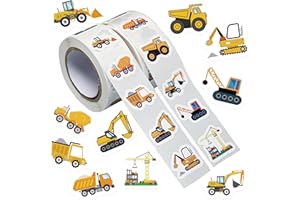 KOPTOP 1000PCS Construction Vehicle Stickers Roll, 2 Rolls 10 Styles Self-Adhesive Stickers for Kids - Waterproof for Trucks, Excavators, Birthday Parties & Classroom Rewards (Vehicle Theme)