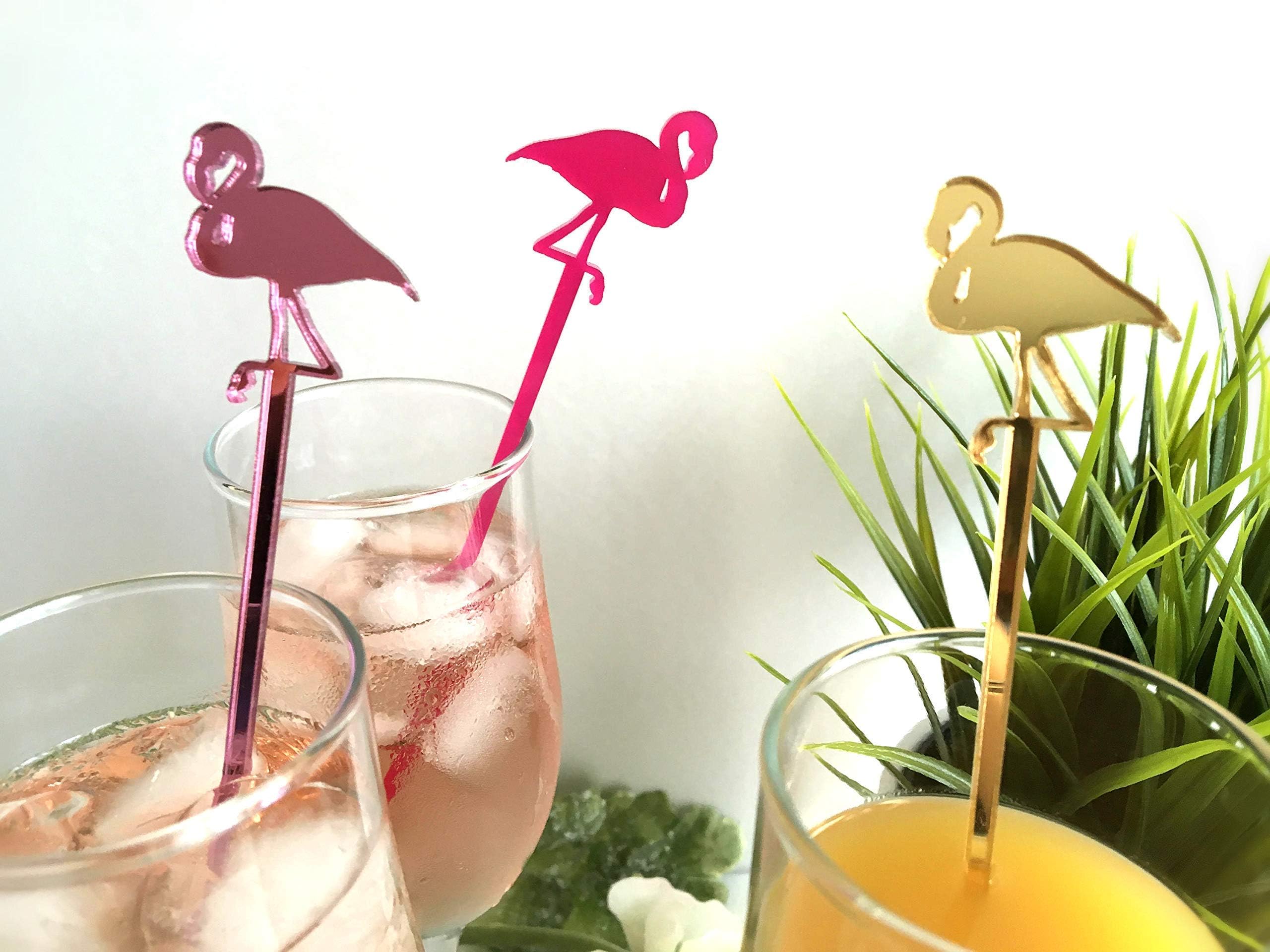 Pink Mirror Flamingo Tropical Beach Wedding Drink Stirrers Flamingos Party Picks Summer Bar Decor Bird Stand Hawaiian Birthday Theme Cupcake Toppers Swizzle Stir Sticks Baby Shower Decoration Cocktail