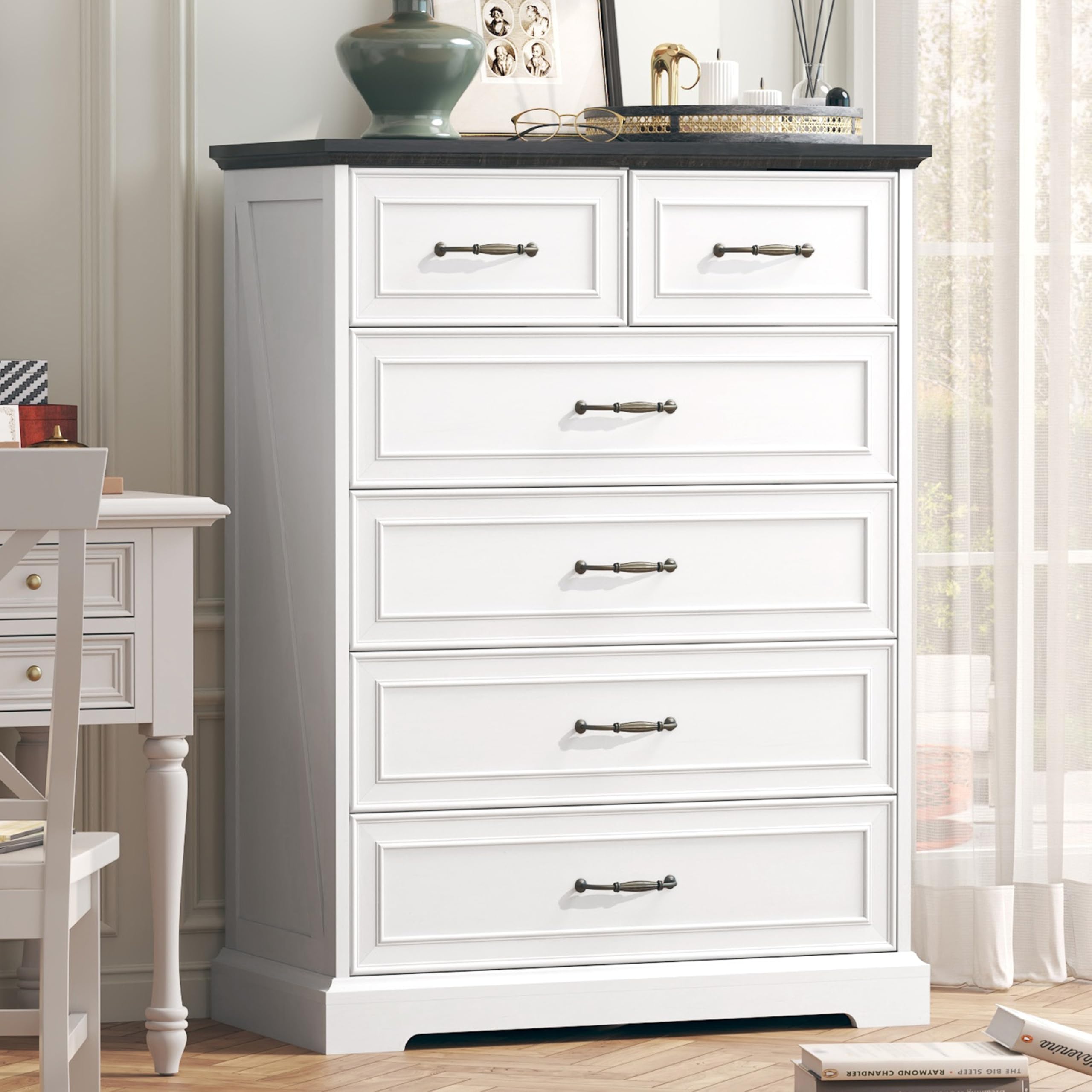 View 1 of **** PHOTO FOR REFERENCE *** Thacuok 6 Drawer Dresser for Bedroom, 43" Tall Wooden Chest of Drawers, Rustic Farmhouse Dresser with Large Drawers & Metal Handles, Modern Storage Organizer for Closet, Living Room, Hallway, White