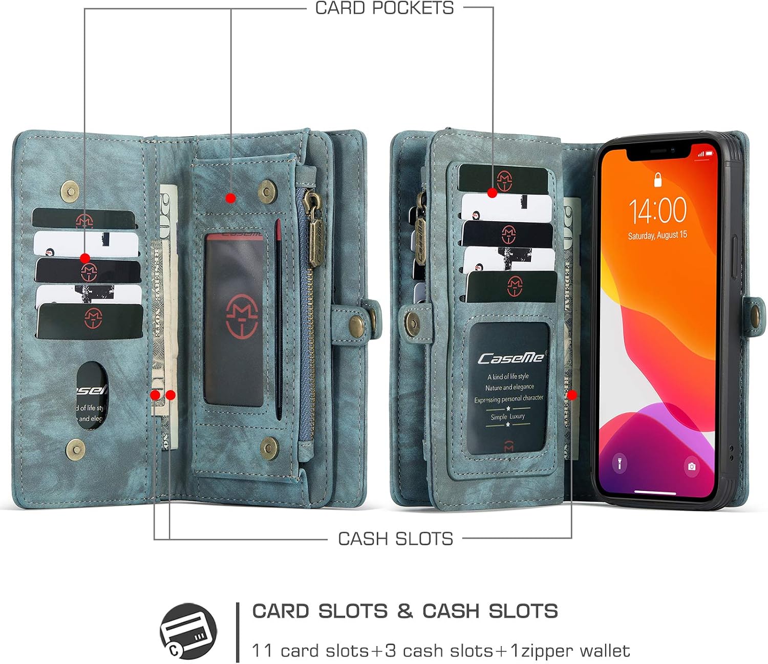 ANROD Detachable Leather Wallet Case for iPhone 12 Pro Max,CaseMe Magnetic Closure 2-in-1 Flip TPU Shockproof Zipper Purse Back Cover with Card Slots (Blue) - Image 3