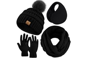 URATOT 4-In-1 Winter Warm Sets Knitted Scarf Touch Screen Gloves Beanie Pompom Hat and Winter Ear Warmer for Men or Women