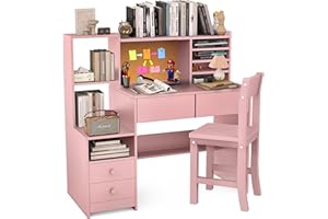 RUPOLX Childrens Computer Desk with 4 Drawers, Pink Kids Desk and Chair Set for 5-12 Year Old,Kids Study Table with Storage Shelf-ytmj8D