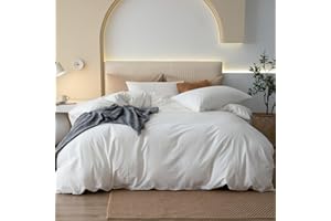 JIYUAN 100% Washed Cotton Duvet Cover Set 3 Pieces Queen, 1 Duvet Cover 90x90 Inches(Comforter Not Included) and 2 Pillowcases,Linen Feel Bedding Set Comfy and Breathable,Off White
