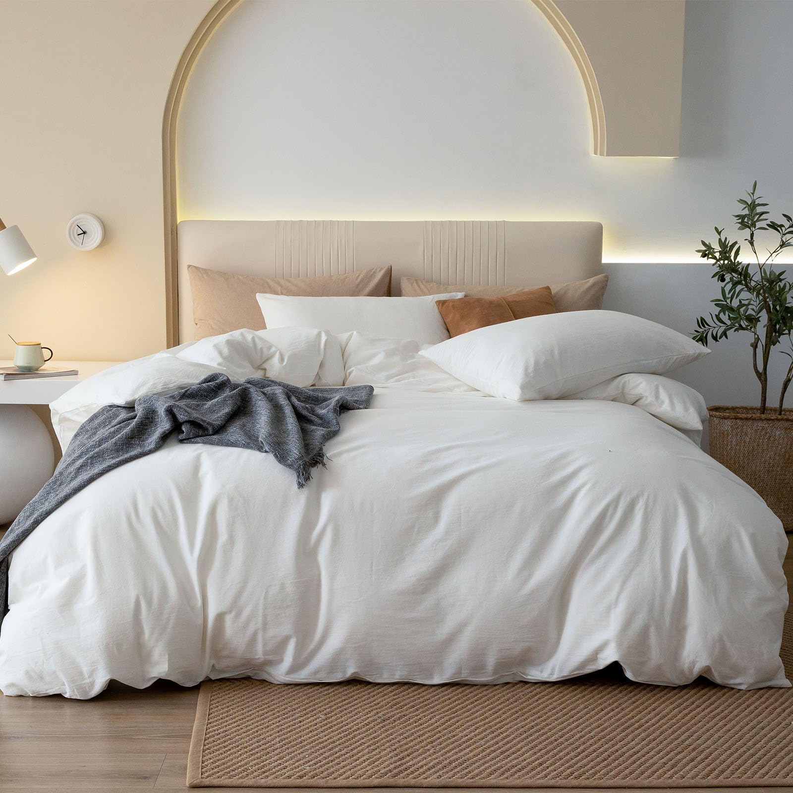 Photo 1 of JIYUAN 100% Washed Cotton Duvet Cover Set 3 Pieces Queen, 1 Duvet Cover 90x90 Inches(Comforter Not Included) and 2 Pillowcases,Linen Feel Bedding Set Comfy and Breathable,Off White