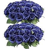 DELOVO 52pcs Navy Blue Roses Artificial Flowers Fake Flowers Silk Roses with Stems for DIY Wedding Bouquets Bridal Shower Centerpieces Arrangements Party Decorations