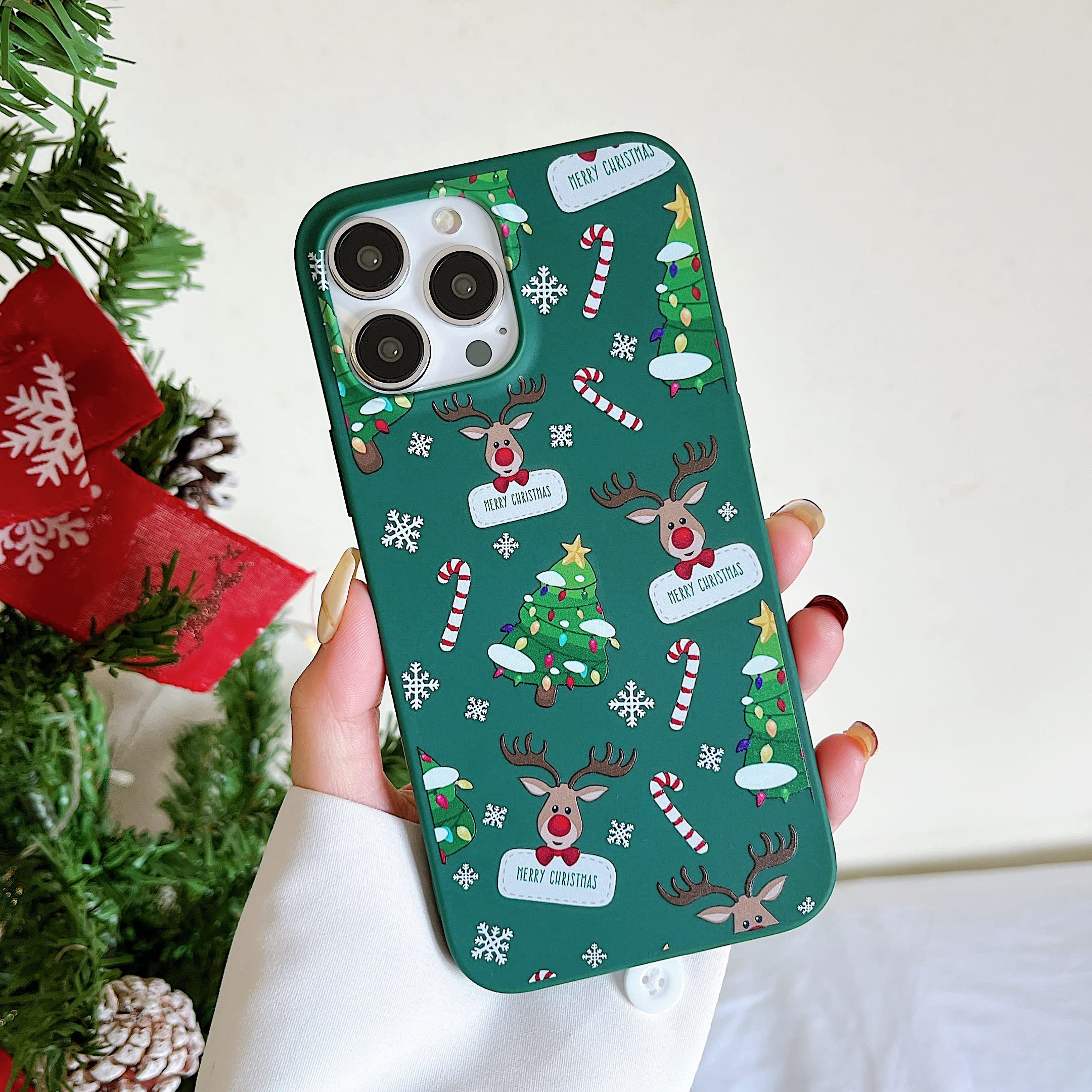 DEFBSC Case for 6.7" iPhone 12 Pro Max, Lovely Cartoon Christmas Elk Pattern Back Phone Cover Cute Christmas Design Soft TPU Bumper Protective Case for iPhone 12 Pro Max - Green