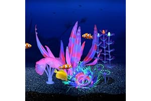 Filhome Glowing Fish Tank Decorations Plants, 4 pcs Glow Aquarium Decorations, Glowing Mushroom Coral Plant Ornaments (Pink Coral, Green Anemone, Purple Feather Coral,Pink kelp)
