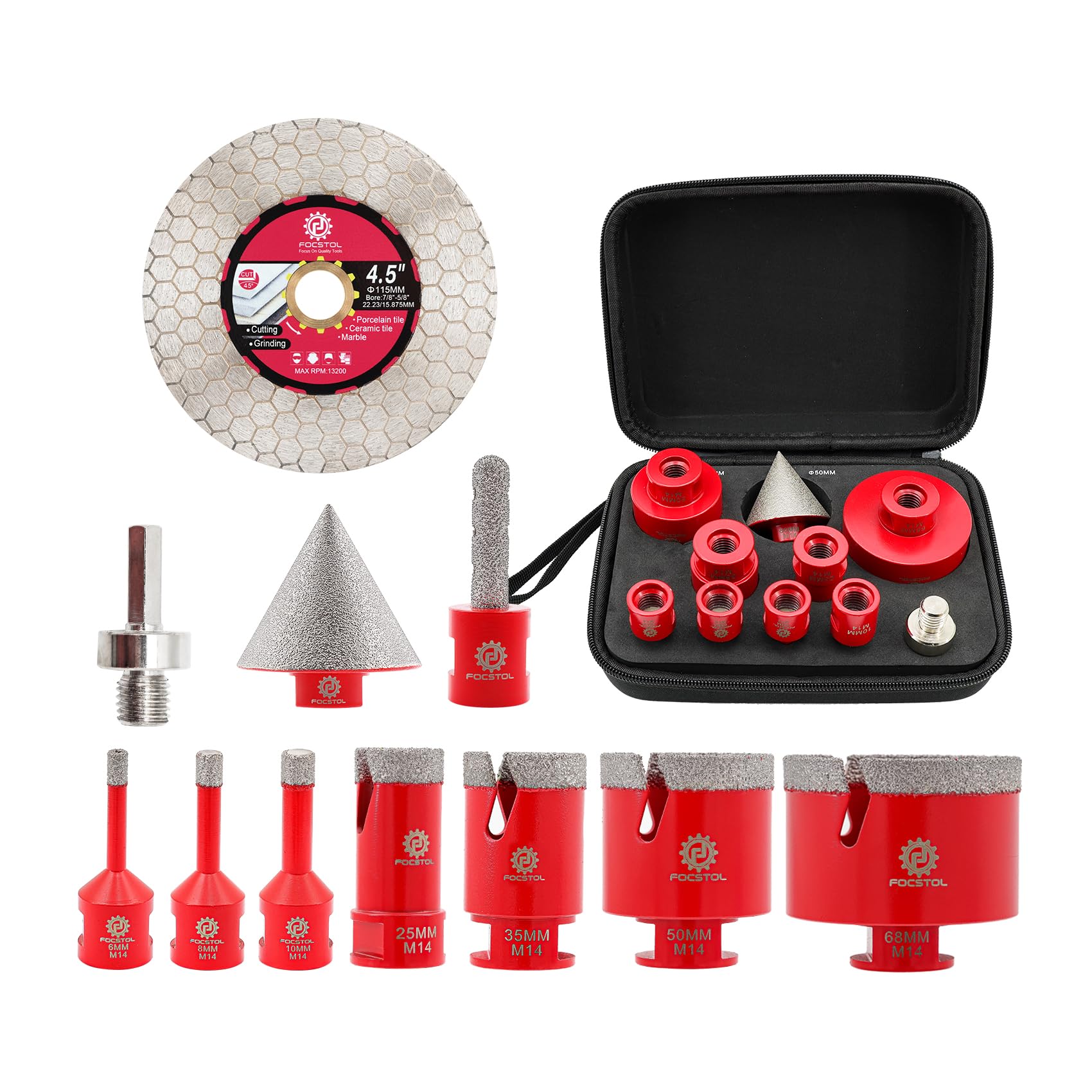 FOCSTOL Diamond Core Drill Bit Set - 11pcs (6/6/8/25/35/50/68mm+10mm Finger Milling Bit+50mm Beveling Chamfer Bit+Hex+115mm Saw Blade) Diamond Hole Saw Kit for Porcelain Ceramic Tile Marble Granite