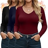 Sweetyweee 3 Pack Plus Size Thermal Shirts for Women Cotton Long Sleeve Ribbed Knit Tops V Neck Slim Fit Underwear Base Layer