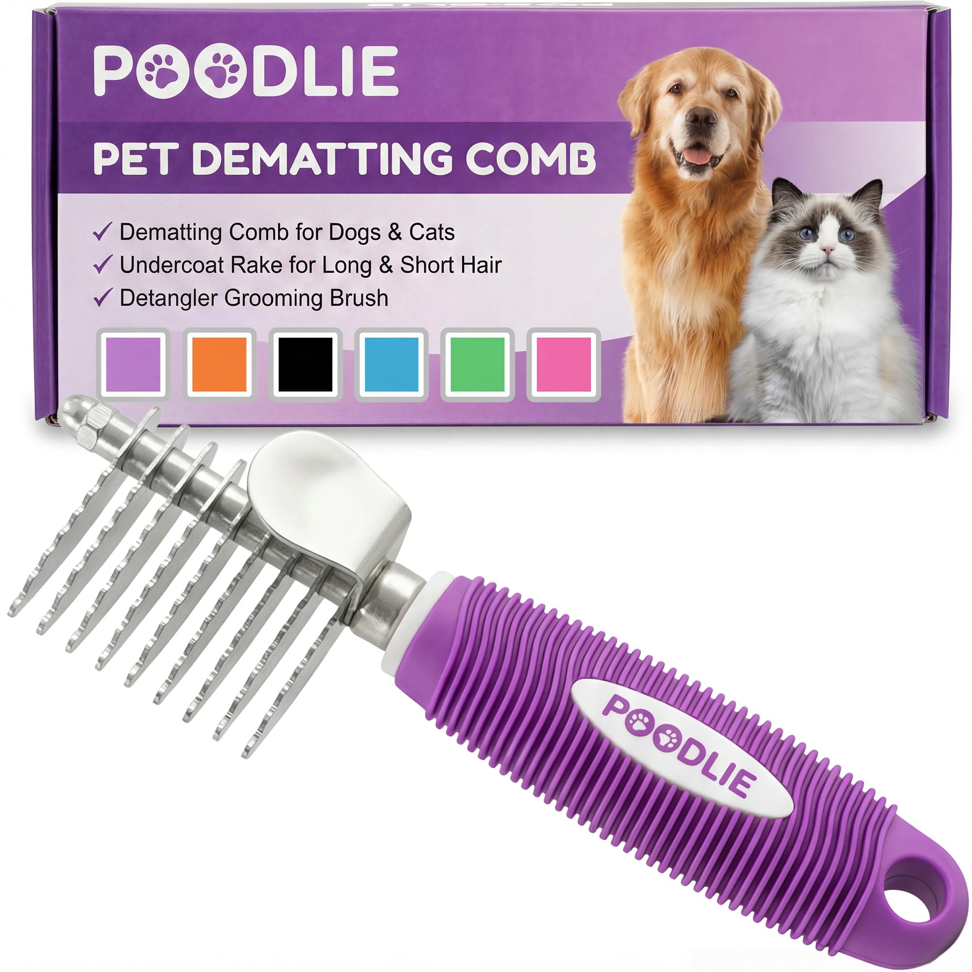 Poodle Pet Dematting Fur Rake Comb Brush Tool with Long 2.5” Steel Safety Blades for Detangling Matted or Knotted Undercoat Hair, Safe Grooming Accessories for Dogs, Longhaired Cats, Rabbits, Horses