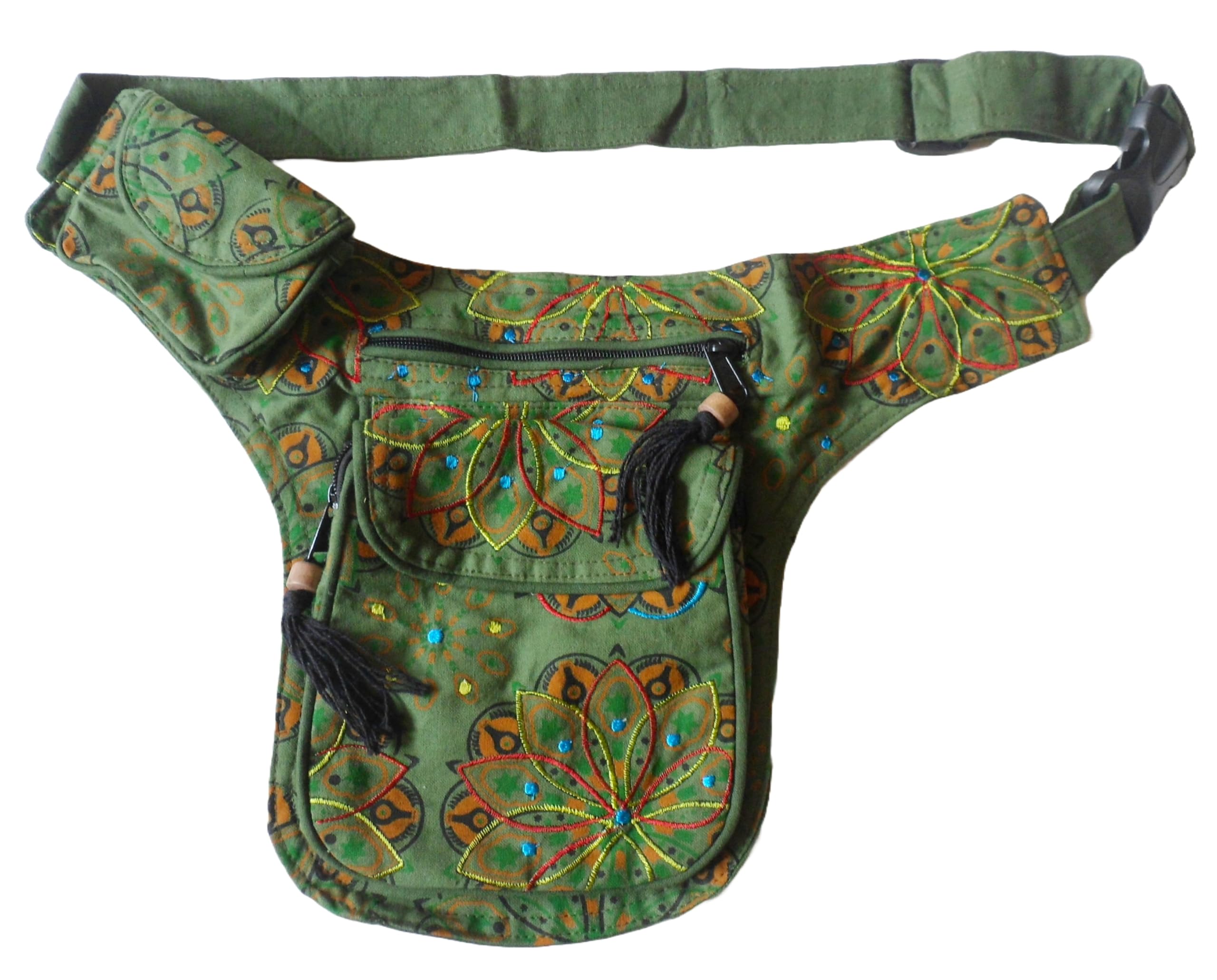 FAIR Trade Festival Boho Embroidered Cotton Travel Passport Bag Utility Hip Belt (Green)