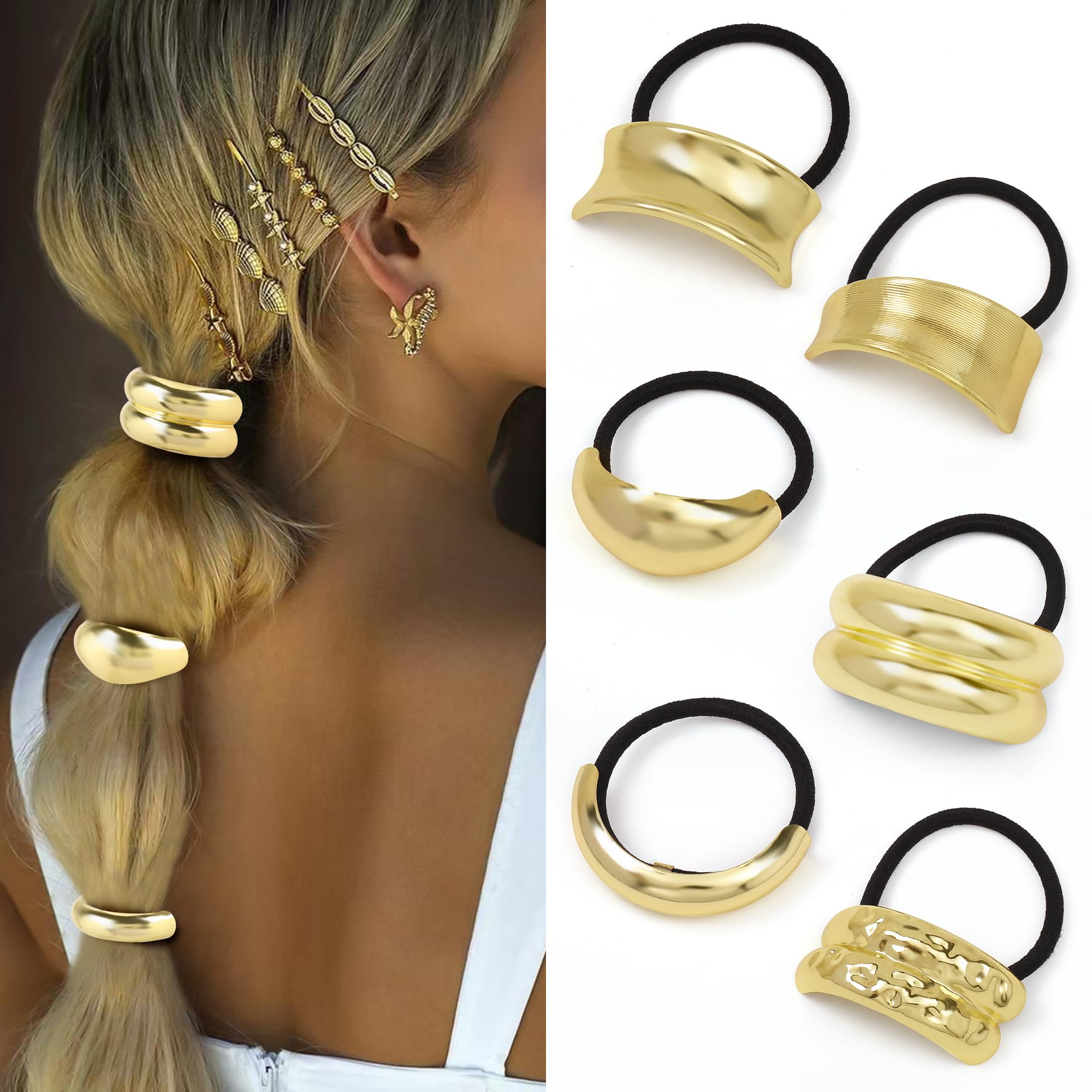 Photo 1 of Gold Metal Hair Ties for Women - Cuffs, Accessories, Elastic Bands for Thick and Thin Hair Ponytails