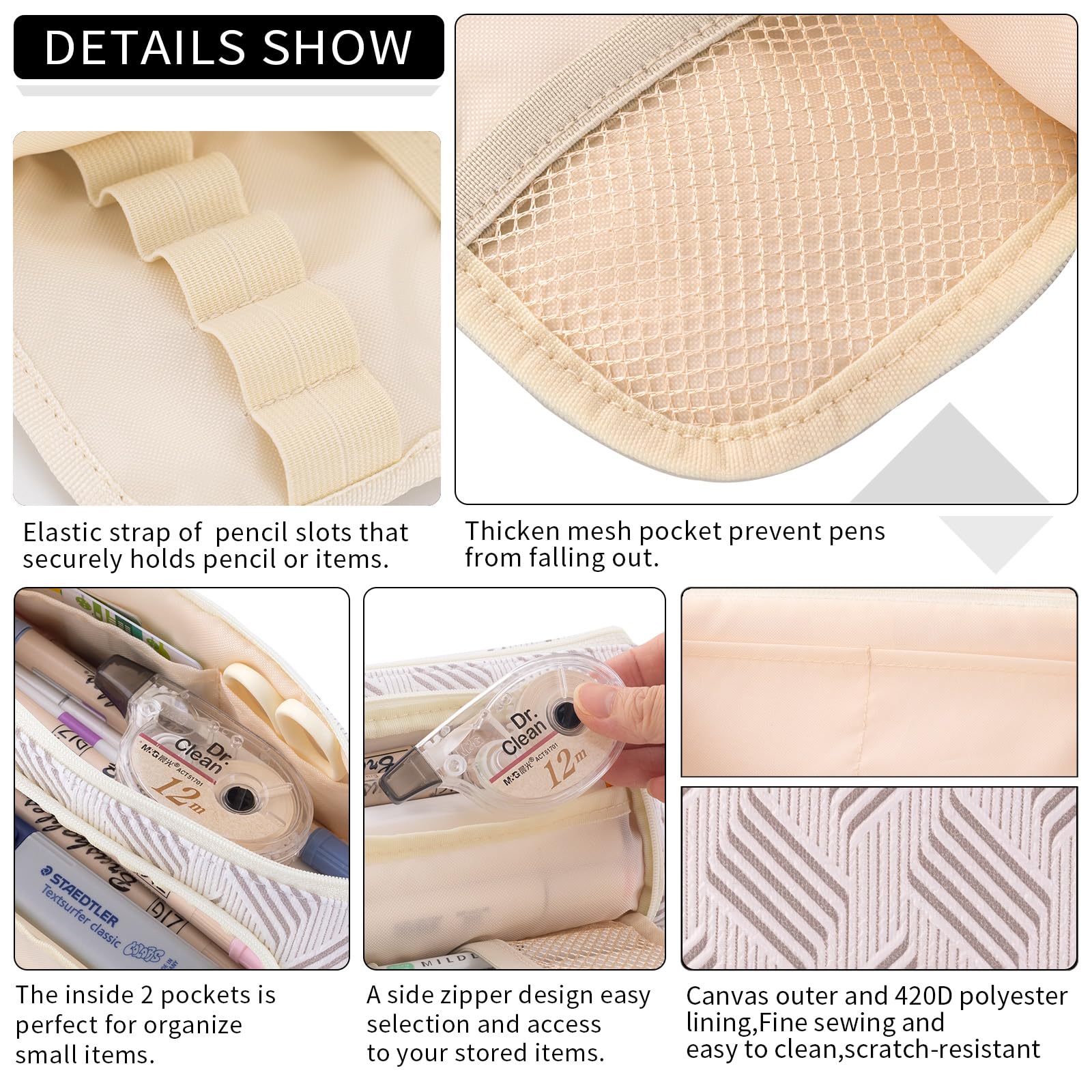 EASTHILL Large Capacity Pencil Case Pouch School Supplies, Aesthetic Stationery Pen Case Bag for Girls Women-Khaki A